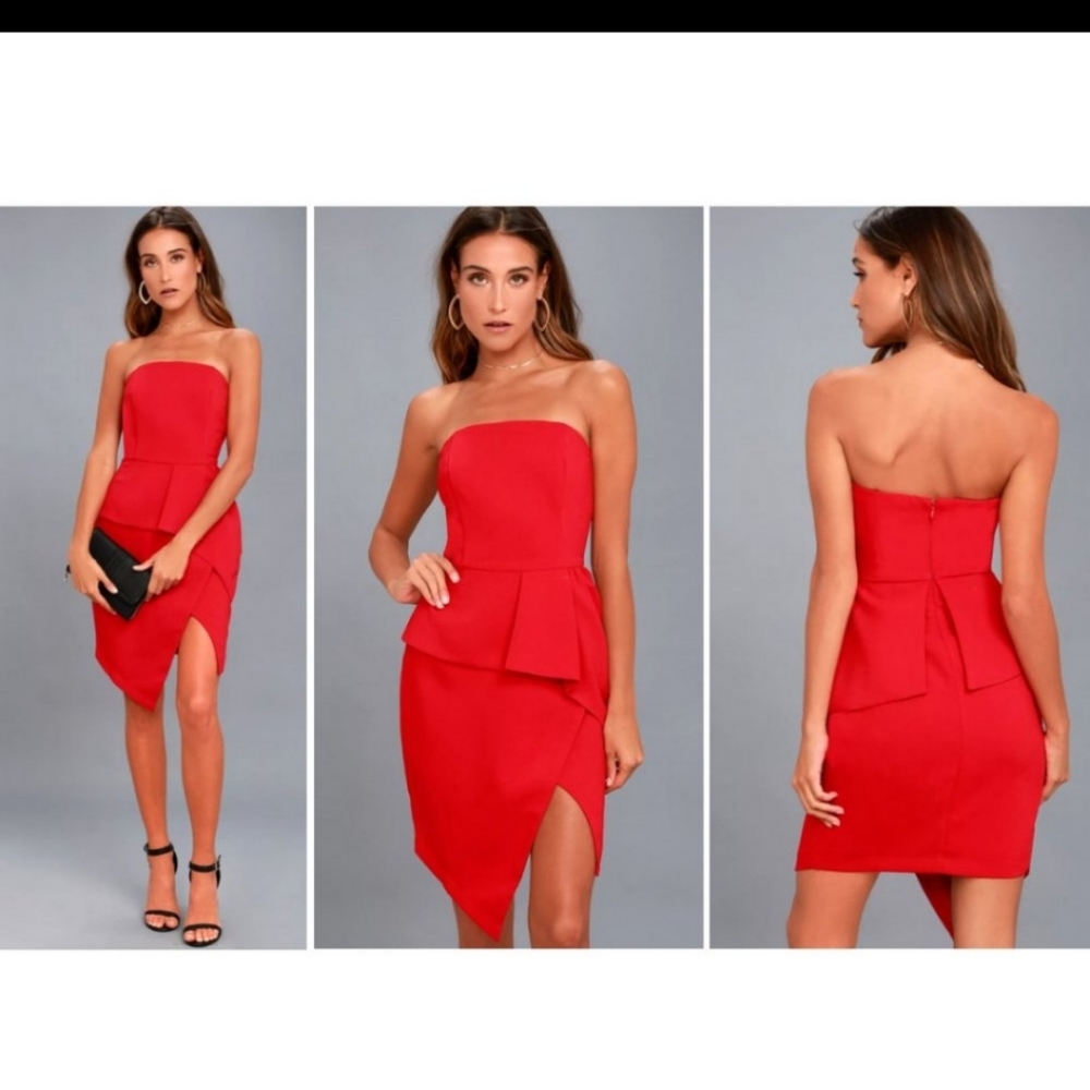 Lulu's Adelyn Rae Red Peplum Strapless Dress Medium